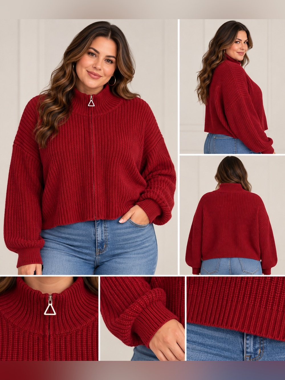 Burgundy Red Cropped Zip-Front Knit Sweater
